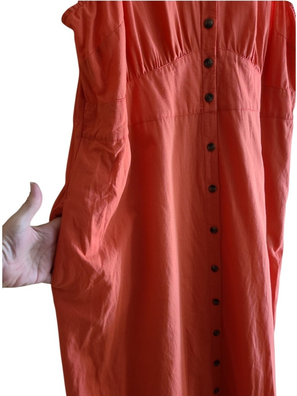Pact Organic Cotton Linen Canopy Button Front Dress Coral Orange - Picture 7 of 17